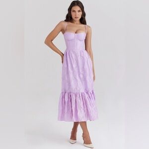 House of CB Mira Lilac Purple Floral Jacquard Tiered Corset Midi Dress